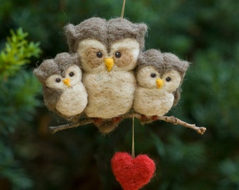 Needle Felted Owl Ornament - Family of Three