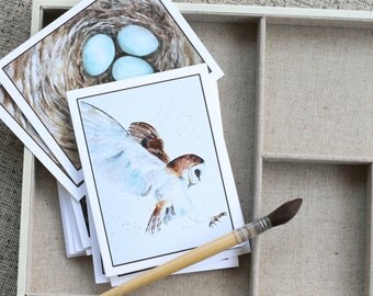 BLANK cards Bird art Card Pack II Mixed Bird CARDS set watercolor Bird Notecards vintage Bird Cards) 8 card owl nest Variety Art Prints