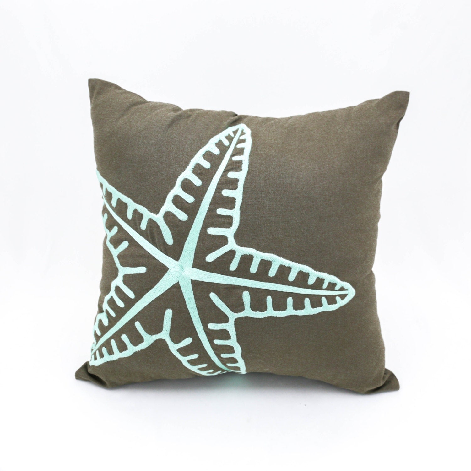 Starfish Decorative Pillow Cover Taupe Brown Linen Turquoise