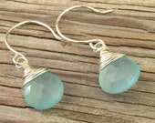 handmade drop earrings blue chalcedony sterling silver wire wrapped hand forged earwires, gift for her gemstone jewelry, boho minimalist