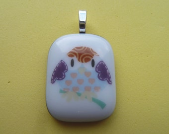 Fused Glass Picture Pendant Grumpy Owl Print Handmade on Grey Base