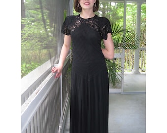 Vintage black Crepe Long with Lace Dress from BASIA DESIGNS Private Collection - Free U.S. Shipping