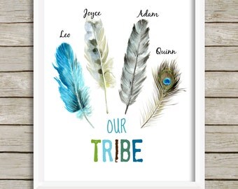 Boho Tribal Print, Personalized 'Our Tribe' Wall Art, Tribal Home Decor, Feather Print, Custom Name Print, Tribal Art, Family Room Art
