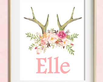 Personalized Boho Tribal Nursery Print, Boho Nursery, Custom Name Print, Baby Girl Nursery Wall Art, Deer Antler Print, Kids Room Decor