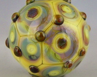 handmade lampwork glass bead a pastel orb focal in layered dots of color-shifting Terra and opal yellow - Mosaic Orb
