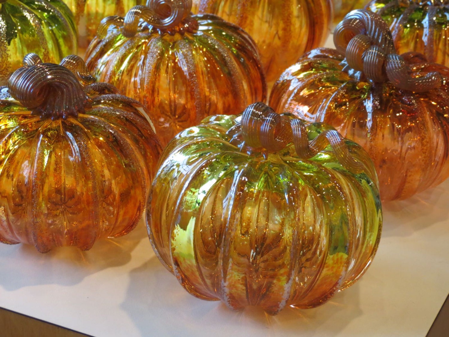 Wholesale Glass Pumpkins One Dozen Amber and Green 4.5