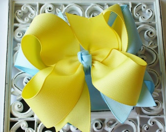 New Item---Big Boutique Doubled Layered Hair Bow Clip---Lemon & Blue