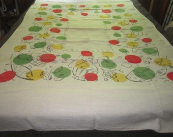 Vintage 52x88 Linen Kitchen Tablecloth with Colorful Culinary Design