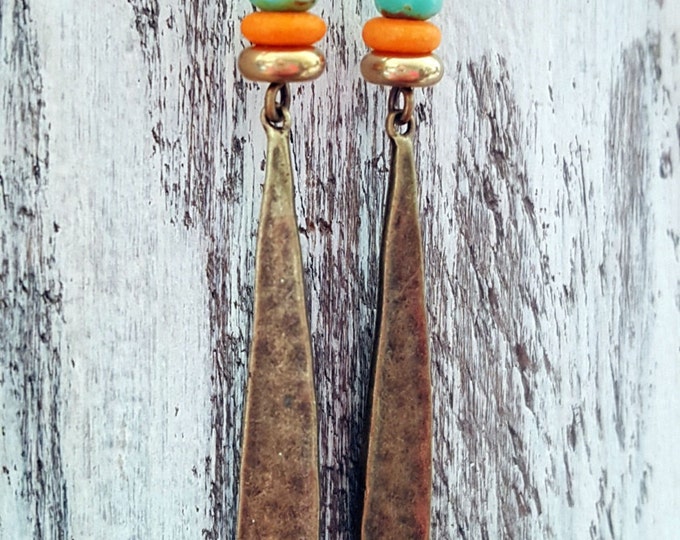 Boho Brass Drop Earrings Orange and Turquoise Bohemian Earrings Brass Jewelry Long Dangle Earrings