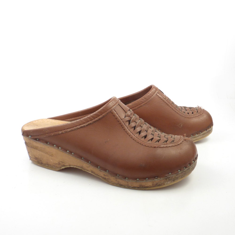 Brown Wooden Clogs Shoes Vintage 1970s Bastad Leather Size 39