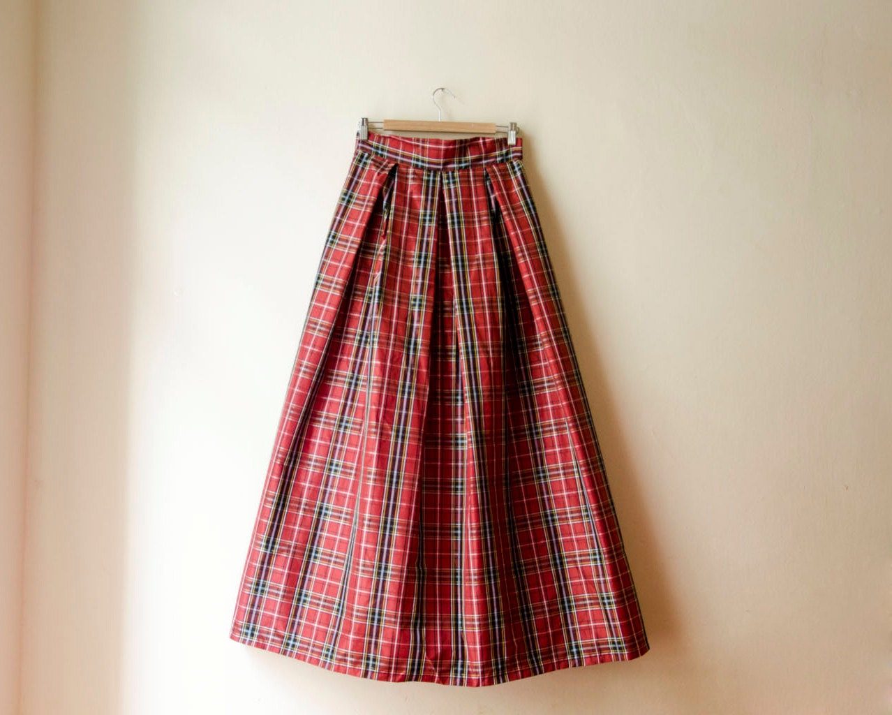 Tartan Maxi Skirt Red Plaid High Waist Silk Taffeta Long