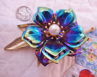 Vintage Retro Mid-Century Iridescent Blue Metal Flower Brooch