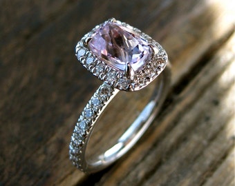 Fuchsia Kunzite Engagement Ring in 14K White Gold with Diamonds in Vintage Style Halo Setting Size 5