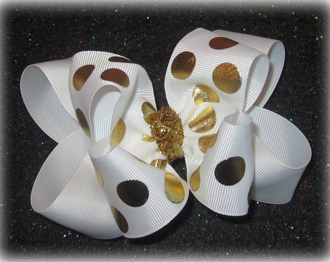 Gold Hair Bow, Boutique Hair Bow, Double Layered Hairbow, Gold White Foiled Bow, Glitter Hairbow, Girls Gold Hairbow, Big Gold Bow, baby bow
