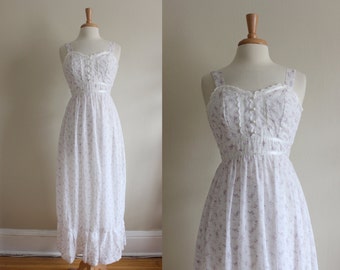 1970s Gunne Sax Dress / Vintage White & Purple Floral Maxi Dress / Prairie Dress