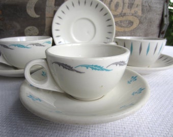 Vintage Homer Laughlin Best China Cup and Saucer Turquoise and Grey Restaurant Ware