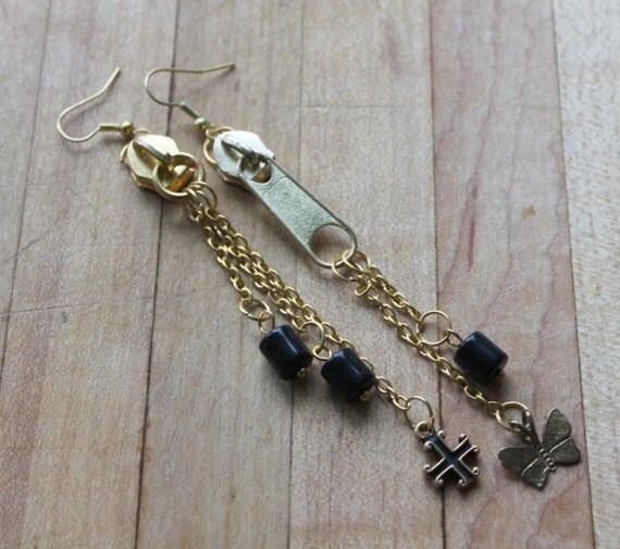 Items similar to Gold zipper earrings,gold chain,black glass beads