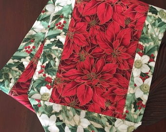Table Runner, Piano Scarf, Dresser Scarf, Table Scarf, Christmas Poinsettia, Holly, Red Green, Holiday Runner, Ready To Ship,Made in Hawaii