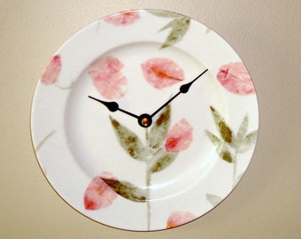 ON SALE! Pink Floral Wall Clock - Porcelain Plate Wall Clock - Kitchen Clock - Botanical Wall Decor - Nursery Decor - 1794