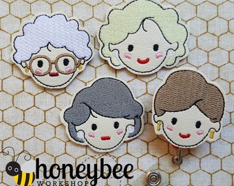 Golden Girls themed MAGNET or BADGE REEL Grandma women face set keychain key fob snap tab. diaper bag, purse. amazing bridesmaid gifts!