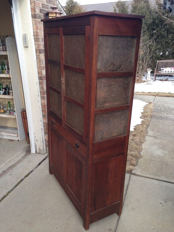 Antique 12 Tin Pie Safe Single Center Drawer Cupboard
