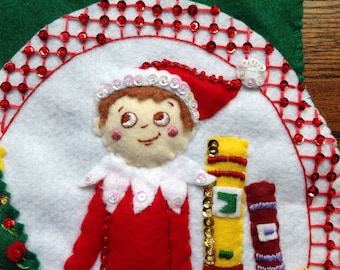 Completed Bucilla Christmas Stocking Elf on a Shelf