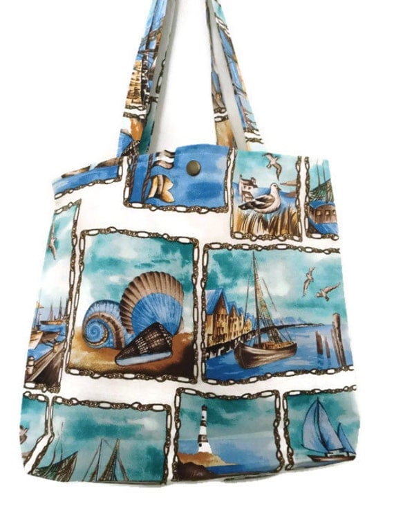 Nautical beach theme tote bag with shells sailboatsseagulls