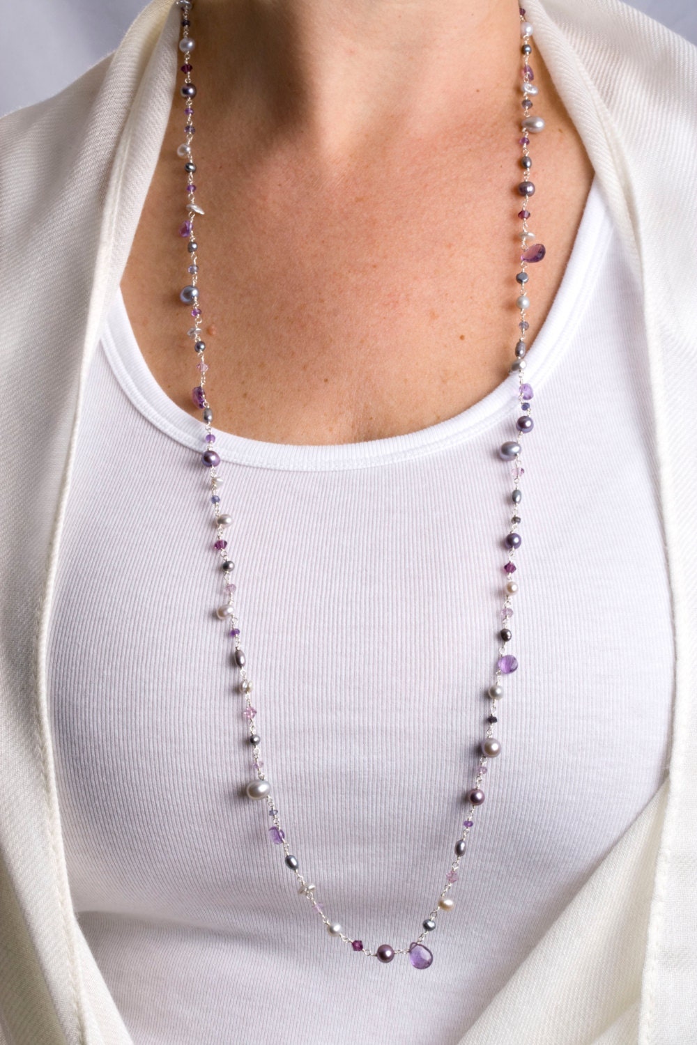 Long Gemstone Necklace Long Gem Necklace Long Purple