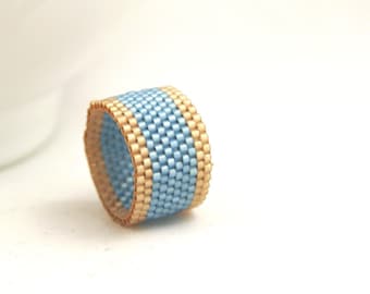 Peyote Ring . Beadweaving Ring . Bayberry Blue and Golden Wheat Seed Beads . Seed Bead Band