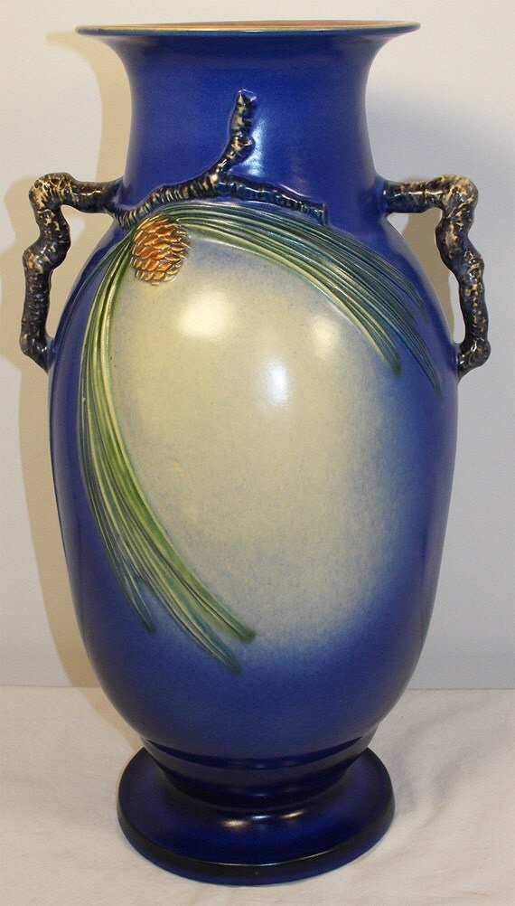 Roseville Pottery Pine Cone Blue Vase 91318 by JustArtPottery