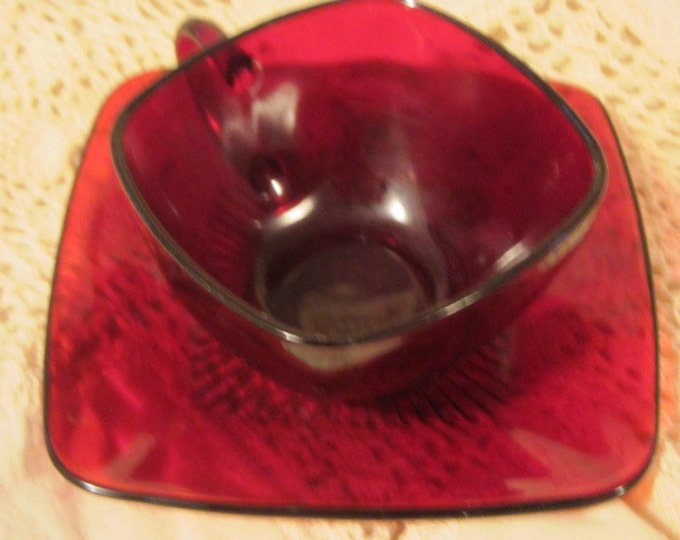 Vintage Mid Century Anchor Hocking Ruby Red Square Shaped Cup and Saucer, Red Cup and Saucer, Square Cup and Saucer, Ruby Red Serving Set