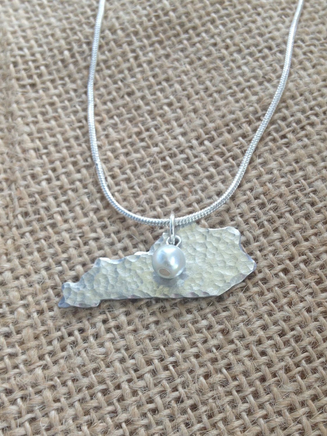 Hammered Aluminum State of Kentucky Necklace With Pearl, State of Kentucky Necklace, Kentucky Jewelry, Aluminum Hammered State of KY Jewelry