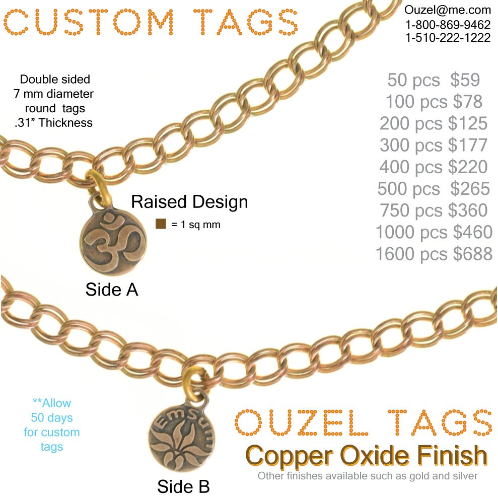 Small Metal Custom Designed Jewelry Tags in Copper Oxide