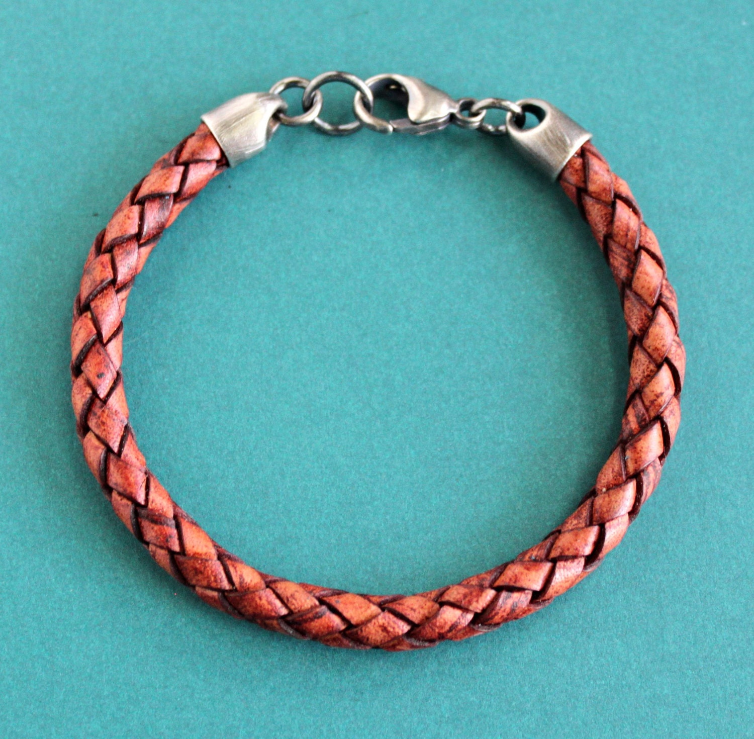 Mens Red Leather Braided Bracelet Sterling Silver Clasp