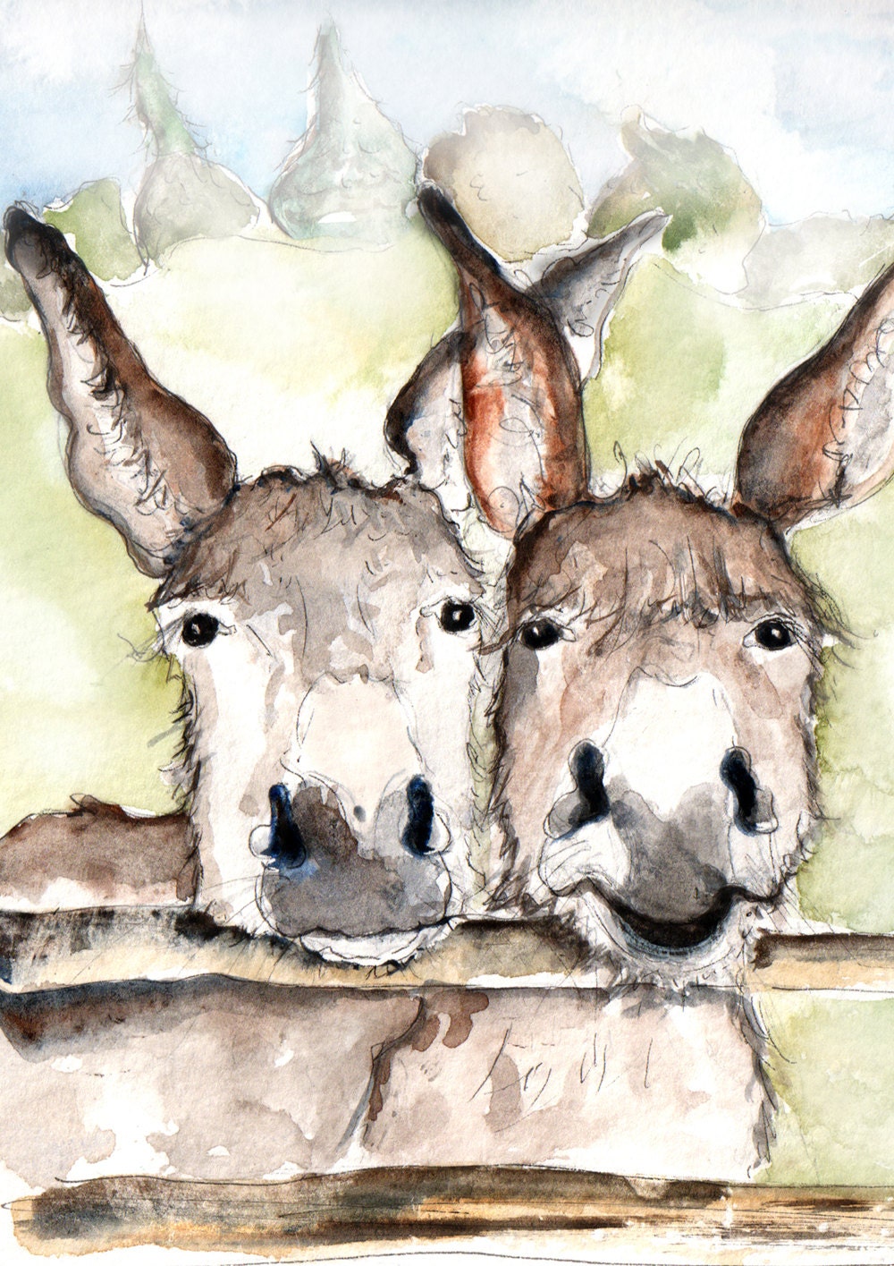 Two Donkeys Illustration Painting Donkeys Watercolor Art