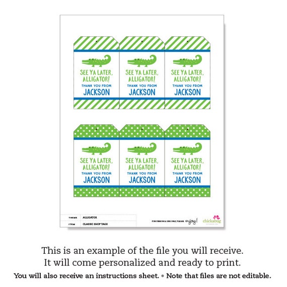Alligator Party Personalized DIY printable favor tags