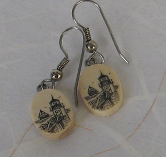 RESERVED FOR JOEVintage Scrimshaw Lighthouse Ship Earrings