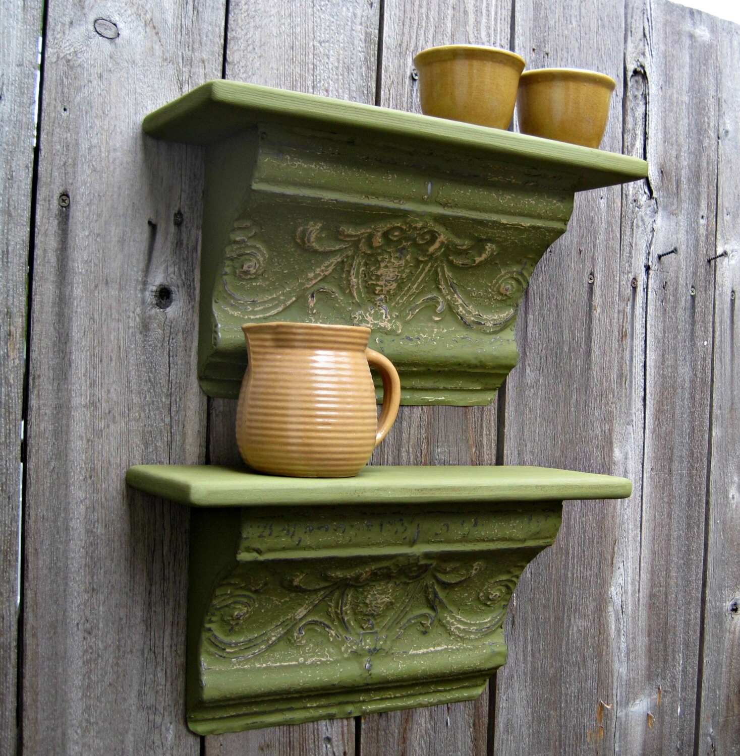 PAIR Antique ceiling tin wall shelves. by DriveInService on Etsy