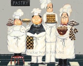 Four TALL Pastry Chefs Art Print, fat chef paintings, art, kitchen art wall decor, fun, bakers, four men, gray, desserts, Vickie Wade art Four TALL Pastry Chefs Art Print, fat chef paintings, art, kitchen art wall decor, fun, bakers, four men, gray, desserts, Vickie Wade art