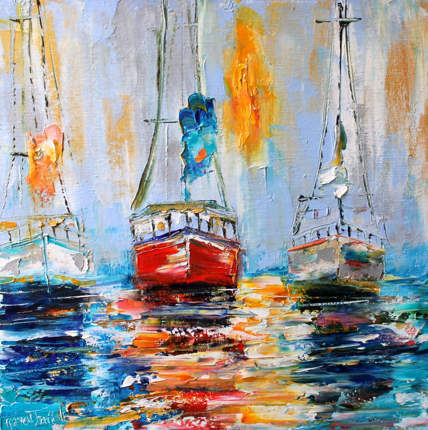 Original oil painting Harbor Boats Sunrise palette knife