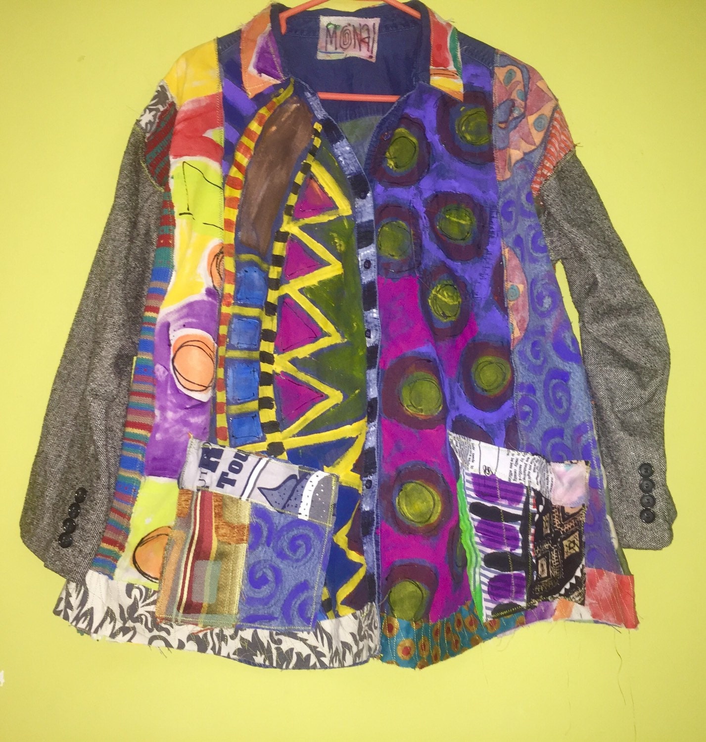 Very Artsy hand painted mixed media Jacket fits L XL by monapaints