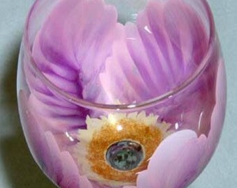 Wine Glass Pink and Purple Flower Hand Painted