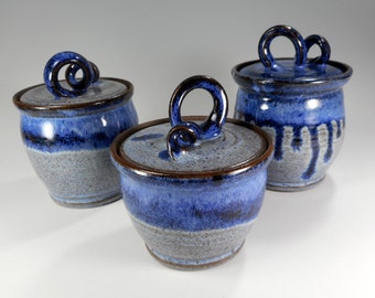 Kitchen canister storage jars, small ceramic canisters, pottery lidded jars, ceramic kitchen storage, jars with lid indigo blue set of 3