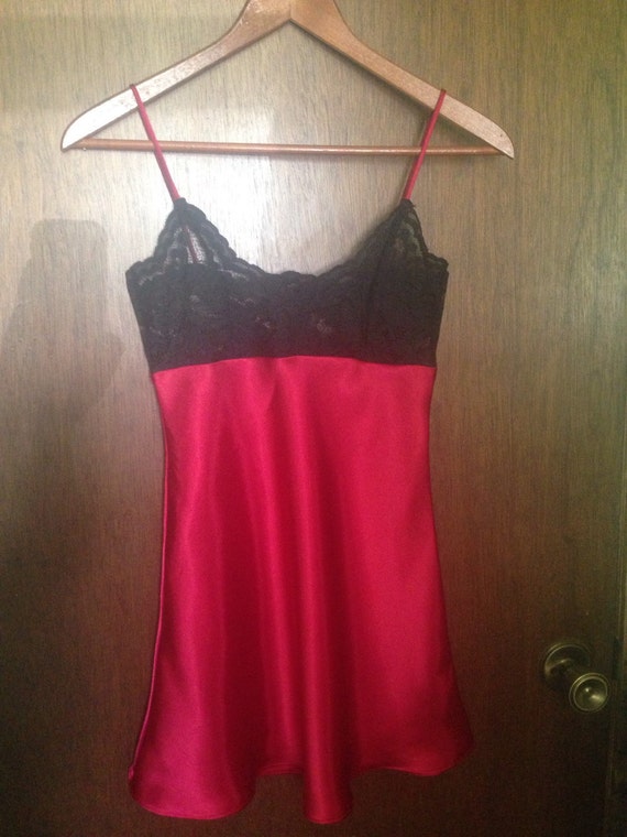 Red satin lingerie slip with black lace by erinscreativedesigns
