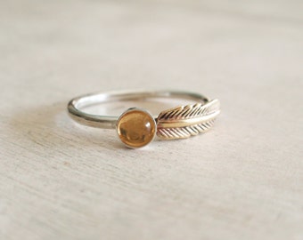 Citrine ring, sterling silver ring with citrine and gold brass feather, feather ring, citrine stackable ring, November birthstone ring