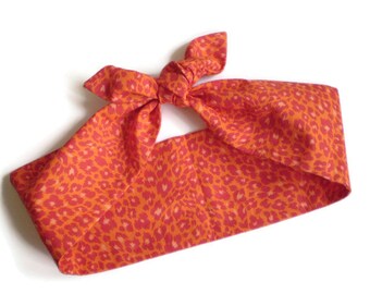 Orange Leopard Head Scarf, Orange Pink Red Leopard Head Wrap, Leopard Head Scarves, Orange Cheetah Head Scarf