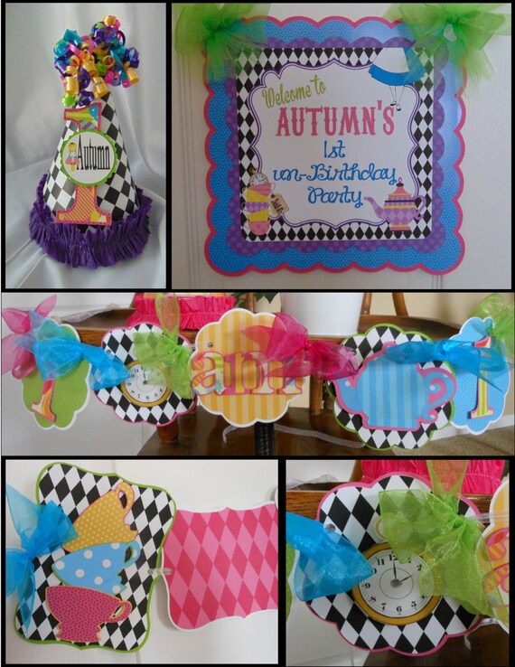Alice in Wonderland 1st Birthday Petite Party Package tea party birthday banner photo banner baby shower high chair banner shower Il_570xn