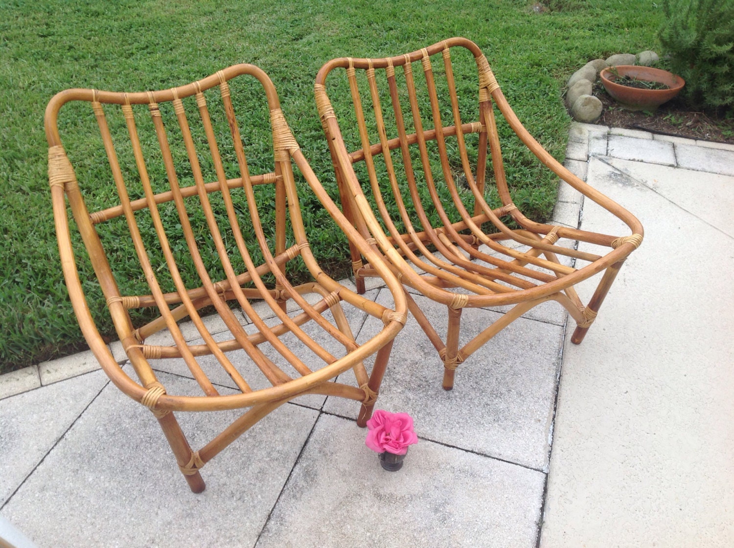 HEYWOOD WAKEFIELD Style Rattan Bamboo Lounge Chairs / Pair of
