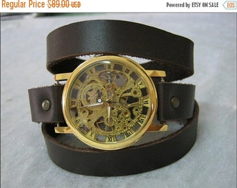 Leather Watch Skeleton Steampunk Watch Leather Wrap Watch brown leather Mechanical Gold Bracelet leather Watch with Roman Numbers FREE SHIP