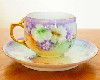 Limoges Tea cup and Saucer Gilded Flowers Embossed Mint 1910 Made in France AK Limoges